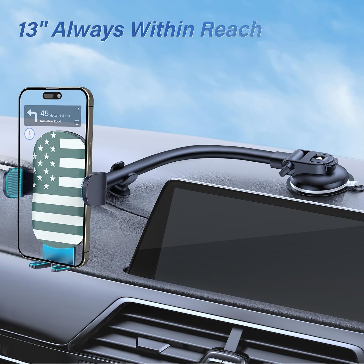 OQTIQ Phone Mount for Car [Gooseneck 13" Long Arm] Car Phone Holder for Dashboard, Windshield, Strong Suction Cup Cell Phone Holder for Car Truck (Patriotic Flag)