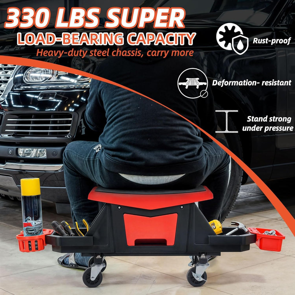 YITAHOME Detailing Stool with Wheels, Mechanics Seat With 2 Removable Trays and Drawer, Heavy Duty Rolling Garage Stool 330 LBS Capacity, Rolling Tool Seat for Automotive Auto Repair Car Wash Upgraded