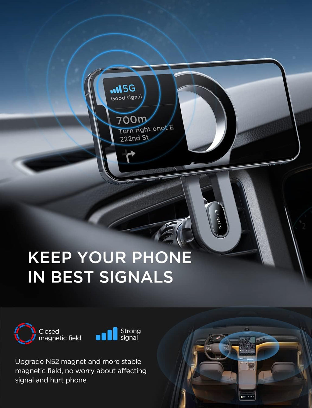 LISEN for iPhone 16 MagSafe Car Mount, [Quick Install] Ultra Magnetic Long Arm Mag Safe Car Phone Holder Vent, Car Accessories Fit for iPhone 16 Pro Max 15 14 13 12 Plus Mini Men Women, Blue