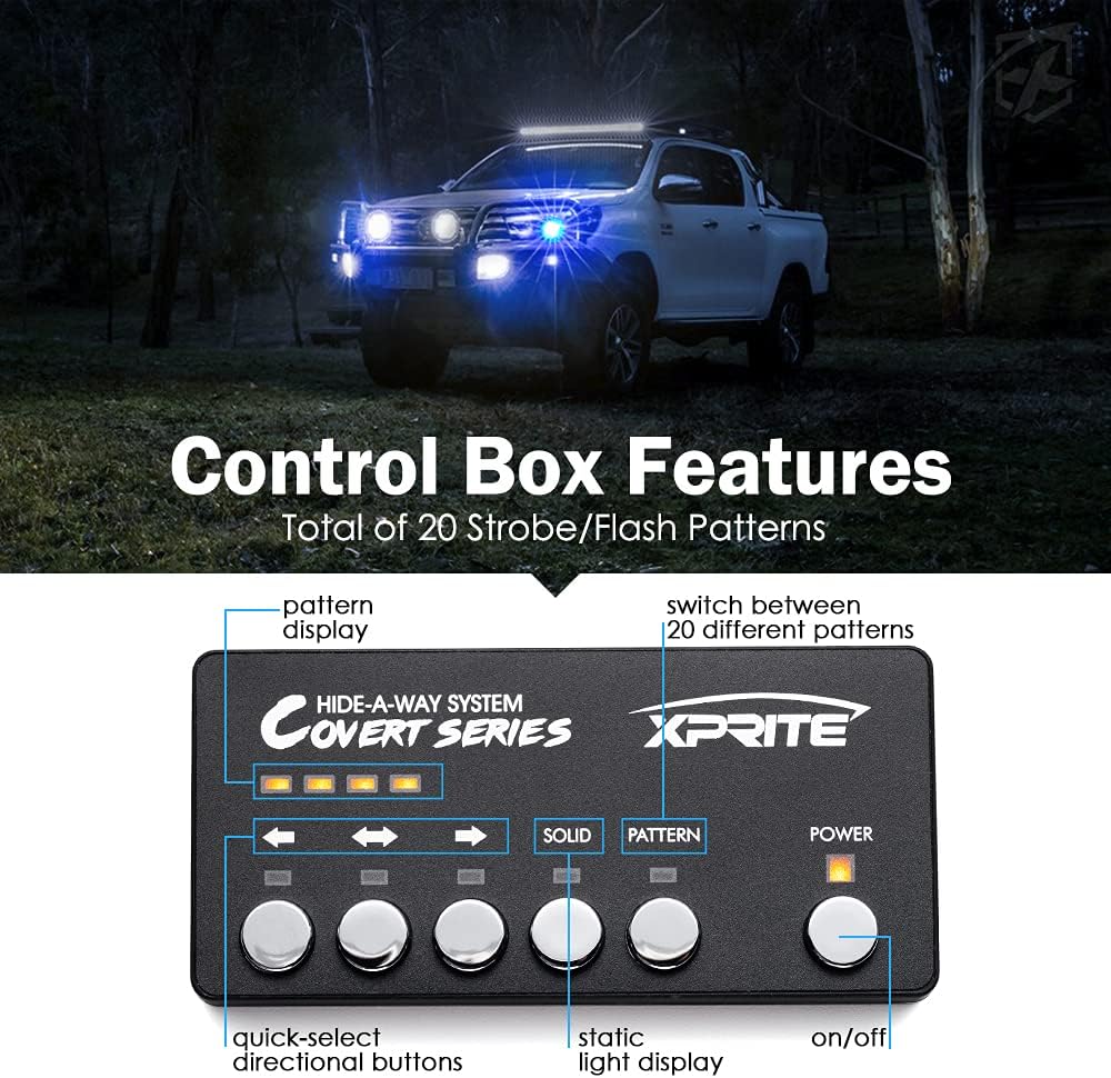 Xprite Blue LED Hideaway Strobe Police Lights Kit, 20 Flashing w/Control Panel Headlights Taillights Mounting, Hazard Warning for Emergency POV Vehicles Volunteer Cars Trucks SUV 8PCS