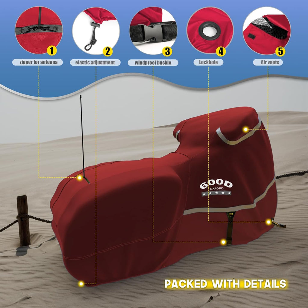 Rosefray Motorcycle Cover with Side Box Heavy Duty 600D Waterproof for Touring Models Harley Davidson Road King,Road Glide,Street Glide, Electra Glide,Low Rider-ST Indoor & Outdoor Storage Red