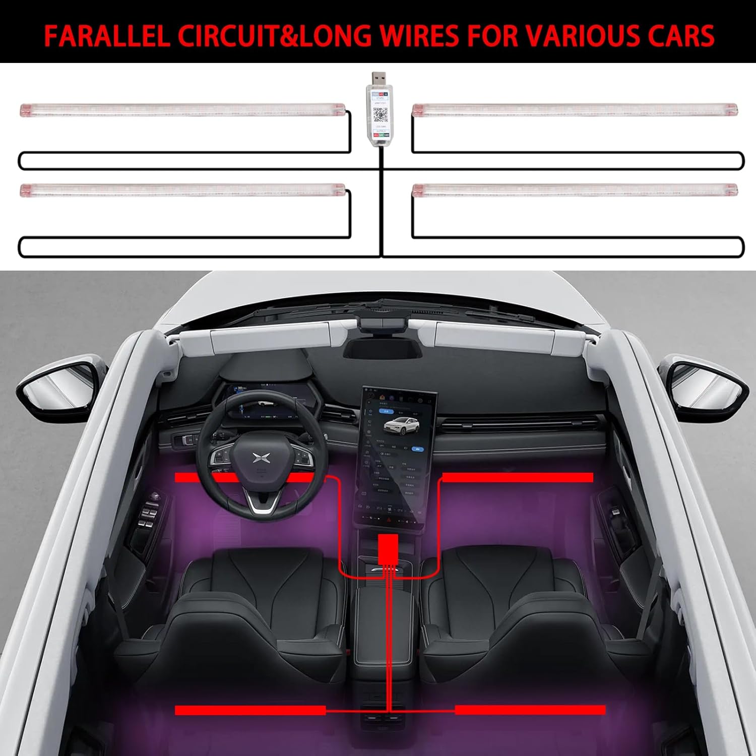 Upgrade Smart USB Dream Color Interior Car LED Strip Light with App Control, RGB Multi Color USB 5V Neon Atmosphere Ambient Night Strip Light Decorative Lamp for Cars with Music and DIY Mode(D72LEDs)