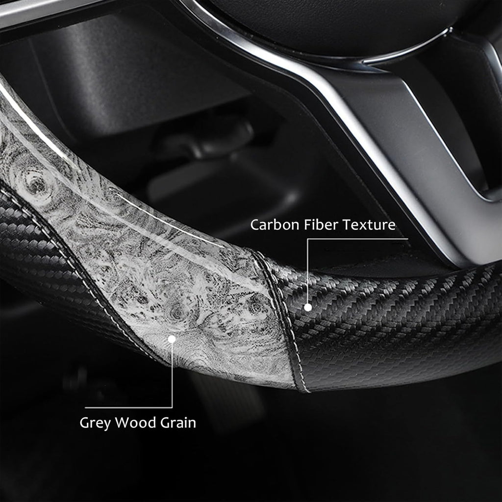 Wood Grain Steering Wheel Cover Carbon Car Steering Wheel Covers 14 1/2-15 inch with Coasters Microfiber Leather Splicing Breathable Anti-Slip Durable Universal Steering Wheel Protective - Gray