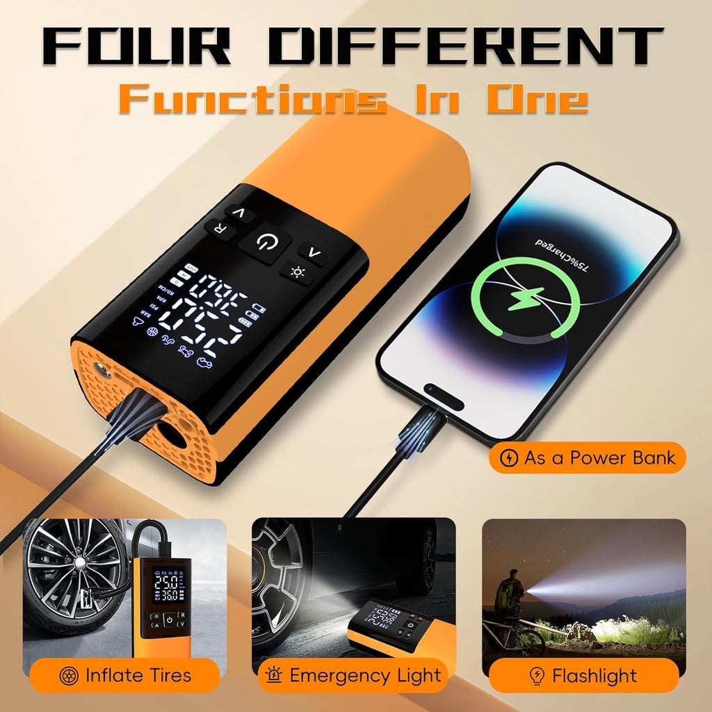Tire Inflator Portable Air Compressor, Air Pump for Car Tires 5X Faster 150 Psi Digital Pressure Gauge, LED Light and Auto Shut-off Cordless Pocket Portable Pump for Car, Motorcycle, Bike, Balls etc.