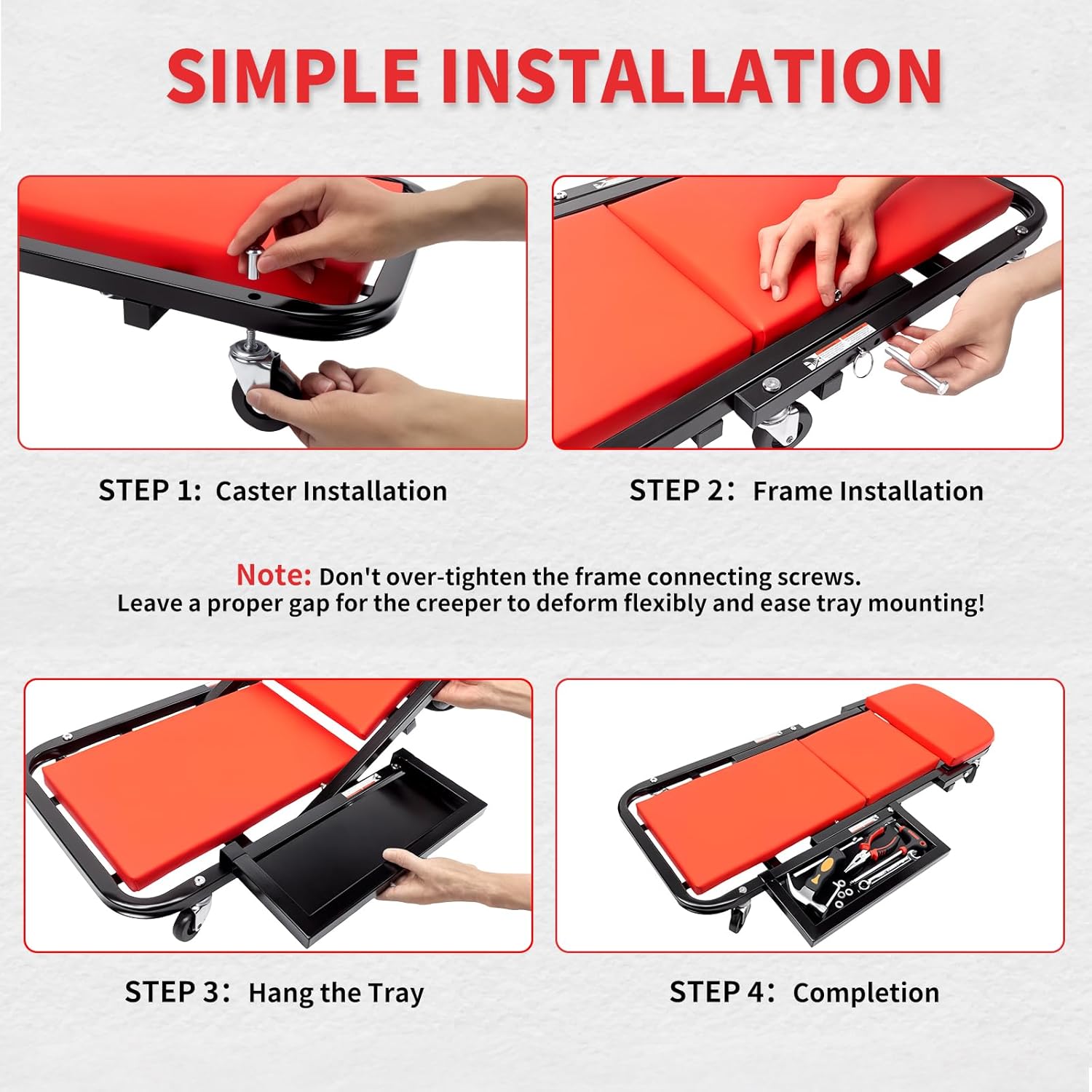 Mechanic Creeper 40 inches 2-in-1 Mode Z Seat with Tool Tray, 480lbs Capacity, Foldable Garage Adjustable Rolling with 6pcs Roller, Lay Down Sit Lean Back, Under Car Auto Repair Men Gift, Red