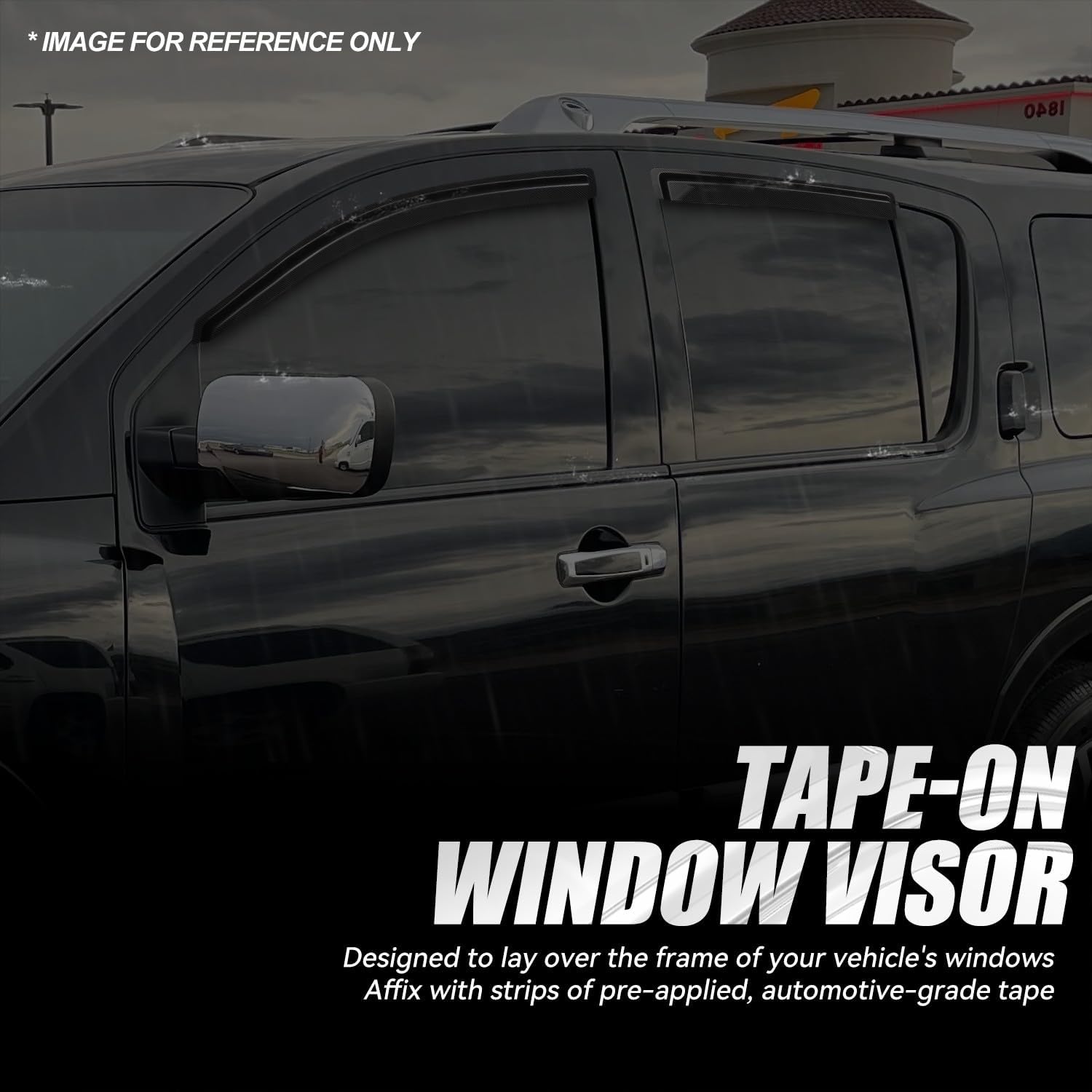 Auto Dynasty 4Pcs Carbon Fiber Pattern Window Visors Compatible with 2004-2015 Nissan Armada Infiniti QX56, Tape-On Front & Rear Window Deflectors Rain Guards Sun Air Side Vent Shade, Glossy Black