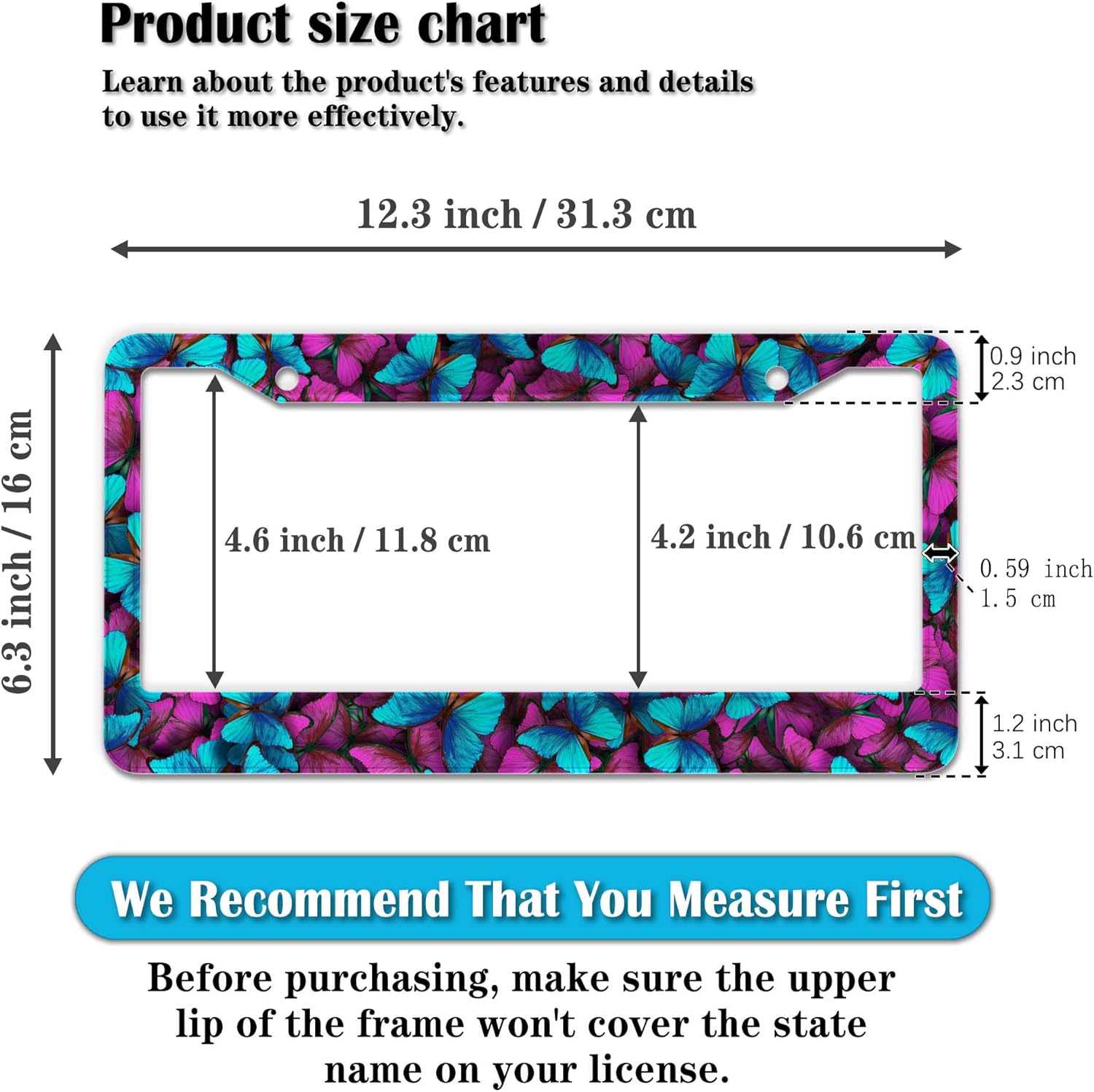 License Plate Frames Multicolor Car Plate Frame for Women Blue Purple Butterfly Women Universal Aluminum Car Accessory 2 Pack with Screw Covers Set