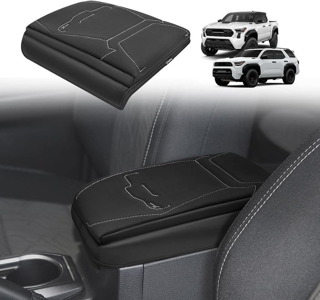 Muslogy Center Console Armrest Cover Compatible with 2024+ Toyota Tacoma 2025+ 4Runner Accessories Armrest Lid Protector Vegan Leather Cushion 1-Inch Extra Thick(Black/Gray Stitching)