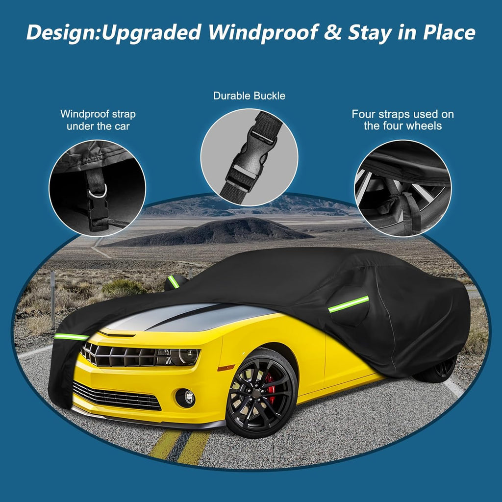 for Camaro Full Car Cover 2010-2025 All Weather, Outdoor Car Covers with Zipper and Soft Cotton Lining, Windproof Heavy Duty Waterproof Protection Fit for 2010-2025 Chevy Camaro (Up to 190''L)