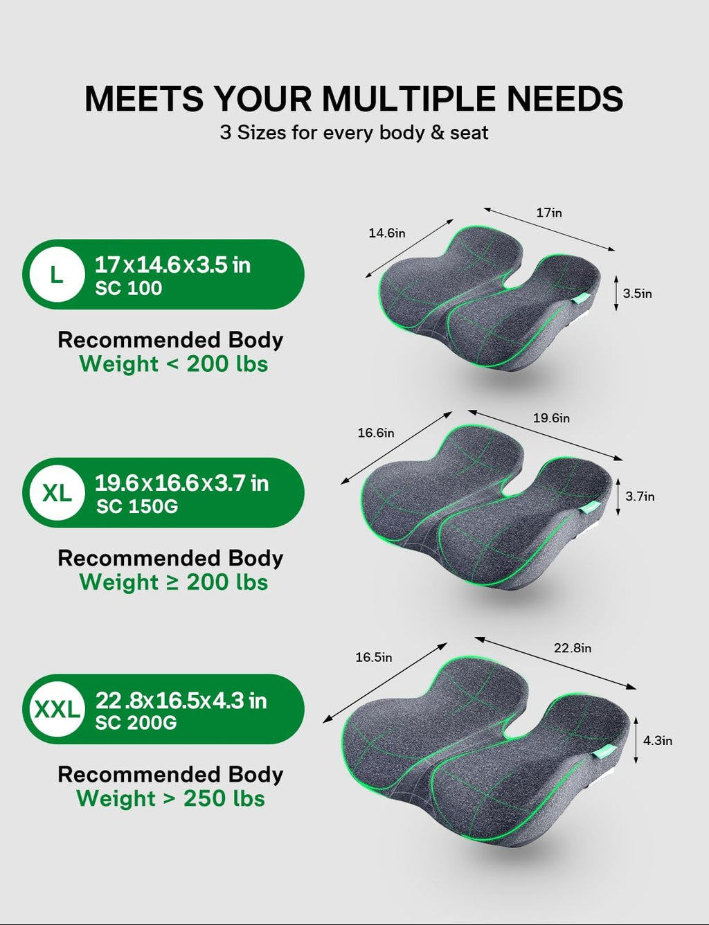 Seat Cushion, SC 200G Seat Cushions for Office Chairs, Car Seat, Wheelchair - Sciatica & Tailbone & Coccyx Pain Relief Pillow for Driver Sedentary People（Size:22.8 * 16.5 * 4.3 in-Grey）