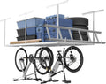 FLEXIMOUNTS 4x8 Overhead Garage Storage Rack w/Hooks Adjustable Ceiling Storage Racks, 96" Length x 48" Width x 40" Height, 22''-40" Ceiling Dropdown, White