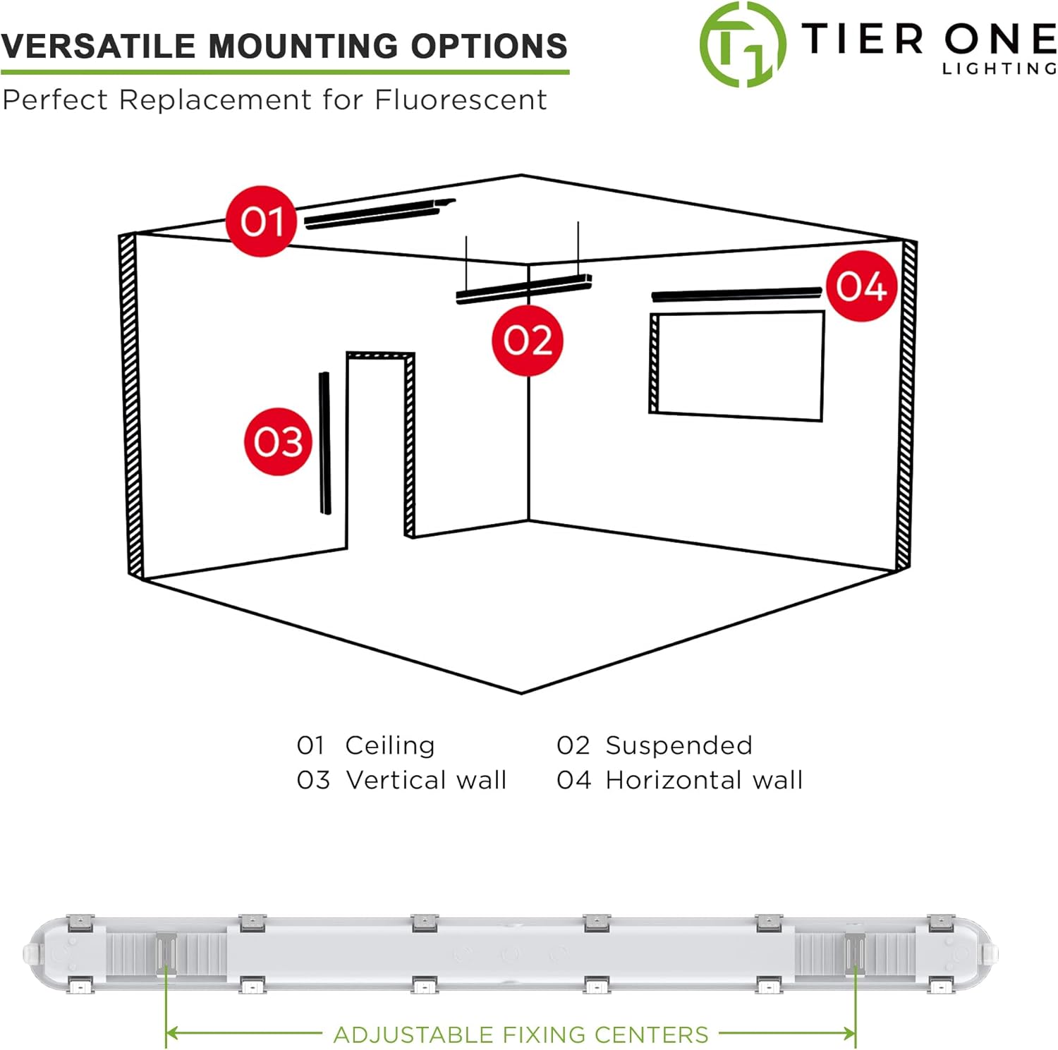 TIERONE 4ft LED Vapor Tight Light 50W Outdoor Shop Light IP65 Waterproof 0-10V Dimmable Integrated LED White Strip Lighting Fixture for Warehouses Car Washes 5000K 100-277V 6000LM ETL Listed 4 Pack