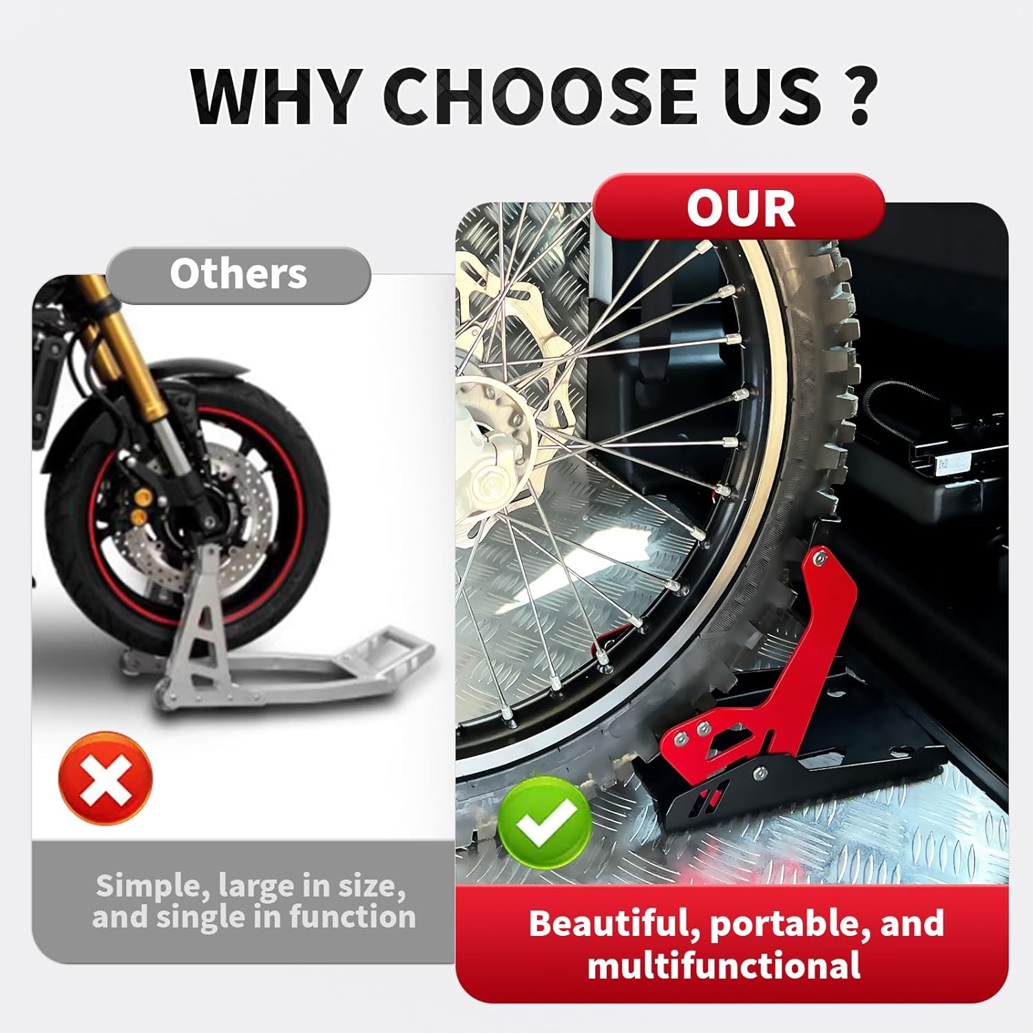 Motorcycle Wheel Chock,Special for Transportation Portable Adjustable 1800 lbs Capacity Front Tire Stand for 8"-21" Wheel Universal for Most Crusier Sports Dirt Bikes Trailer Truck-Red