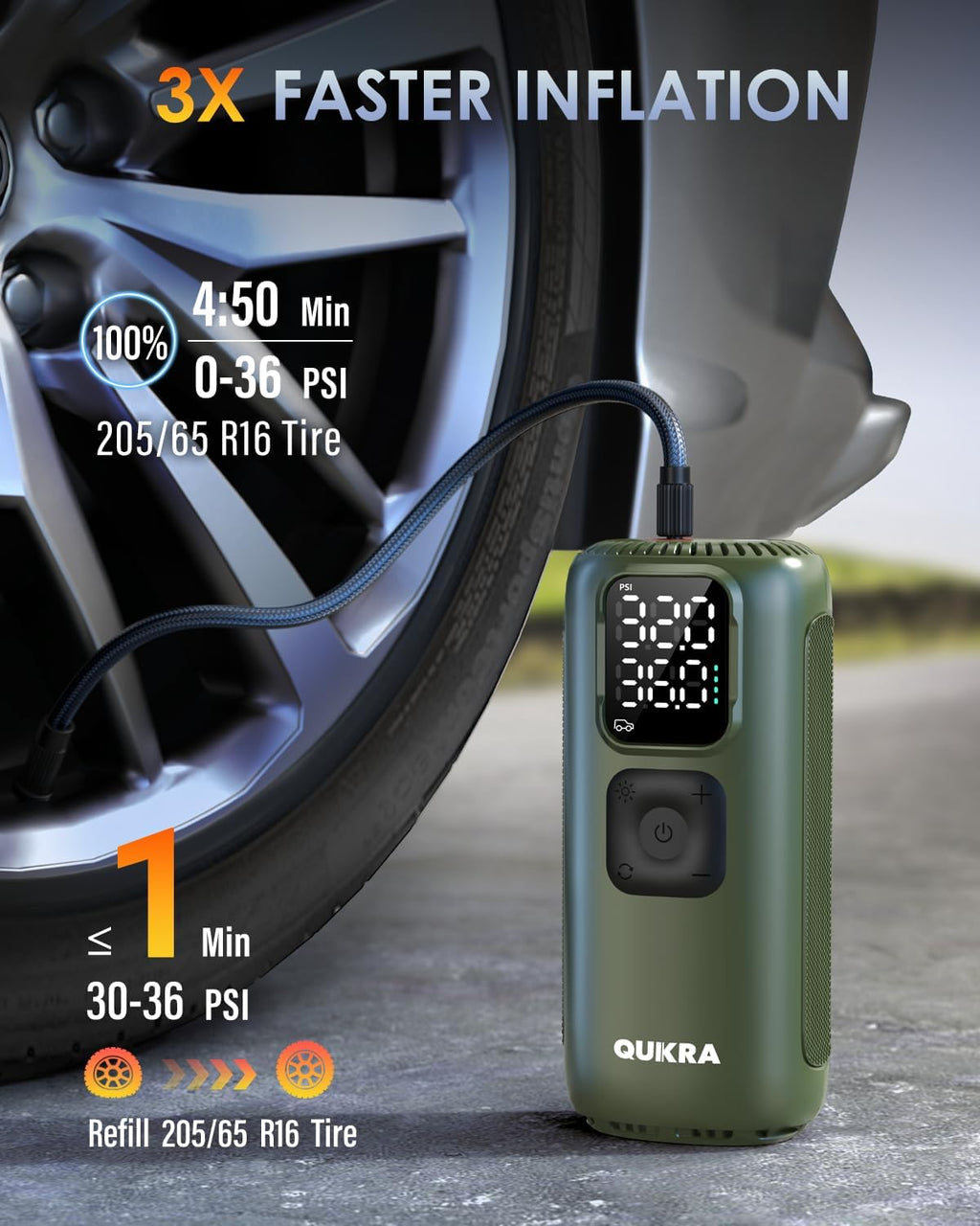 T22 Tire Inflator Protable Air Compressor, 3× Faster Auto Cordless Air Pump, 160PSI Tire Pump, Smart Electric Pump with LED Light and Digital Display for Car Motorcycle Bike and Ball, Green