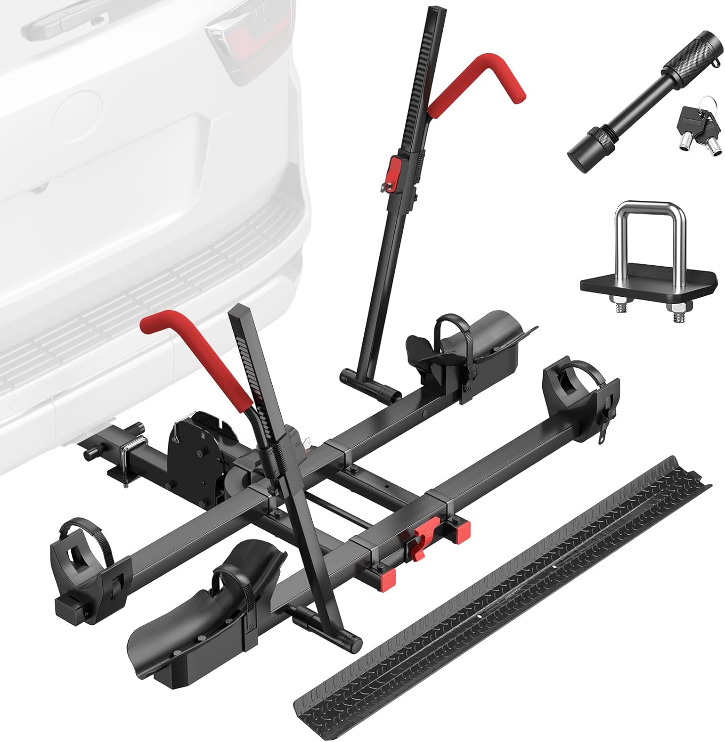 Hitch 2 EBike Rack with Ramp, 170lbs Capacity Electric Bike Carrier Foldable for 2 Heavy Ebike, Up to 5-inch Fat Tire Bicycle, 2" Receiver for Car, SUV, RV, Truck, Black