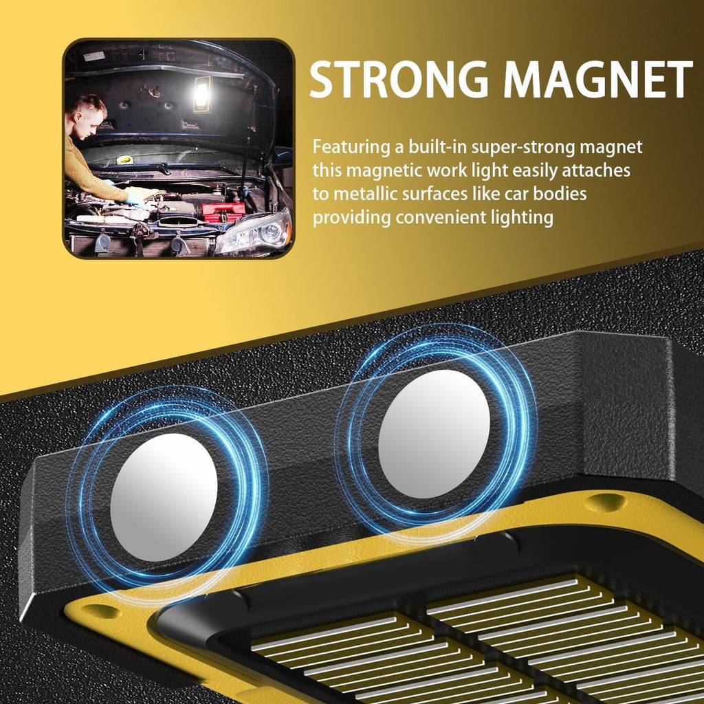 WARSUN Portable Rechargeable Magnetic Work Light, LED Flood Light Waterproof for Outdoor Camping Hiking Emergency Car Repairing (USB + Solar Charging, Yellow)
