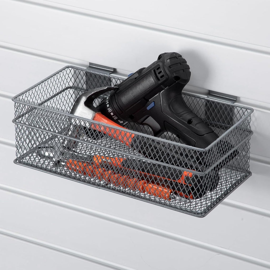 Barydat 4 Pcs Slatwall Basket Set Ventilated Metal Slatwall Basket Hanging Wire Bins Wall Mounted Accessories for Panel Garage Storage Display Organizing(Multi Size,Gray)