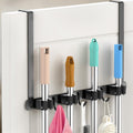 Broom Holder Over The Door - 304 Stainless Steel Mop and Broom Holder Wall Mounted or Hanging Over The Door with Hooks - Broom Hanger, Broom Storage Tool Organizer for Garage Closet Laundry