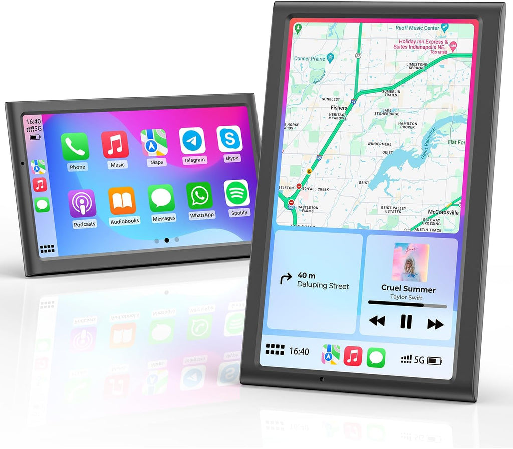 7" Wireless Portable 60FPS Car Play Screen for Apple CarPlay & Android Auto, Portrait and Landscape Modes, Mirror Link, Bluetooth, Voice Control, GPS Navigation