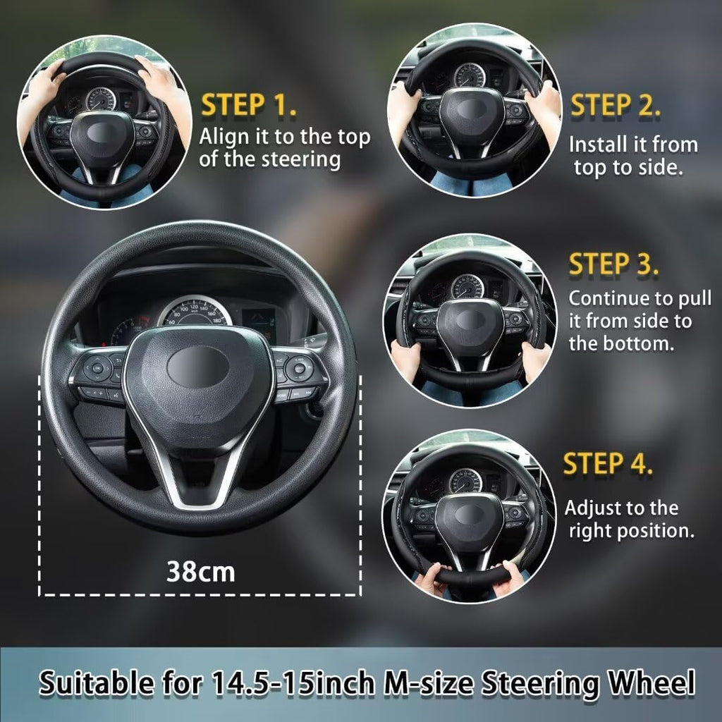 Steering Wheel Cover Black, Carbon Fiber Car Steering Wheel Covers with Coasters Universal 14.5-15 inch Leather Microfiber Breathable Anti-Slip Steering Wheel Accessories Set