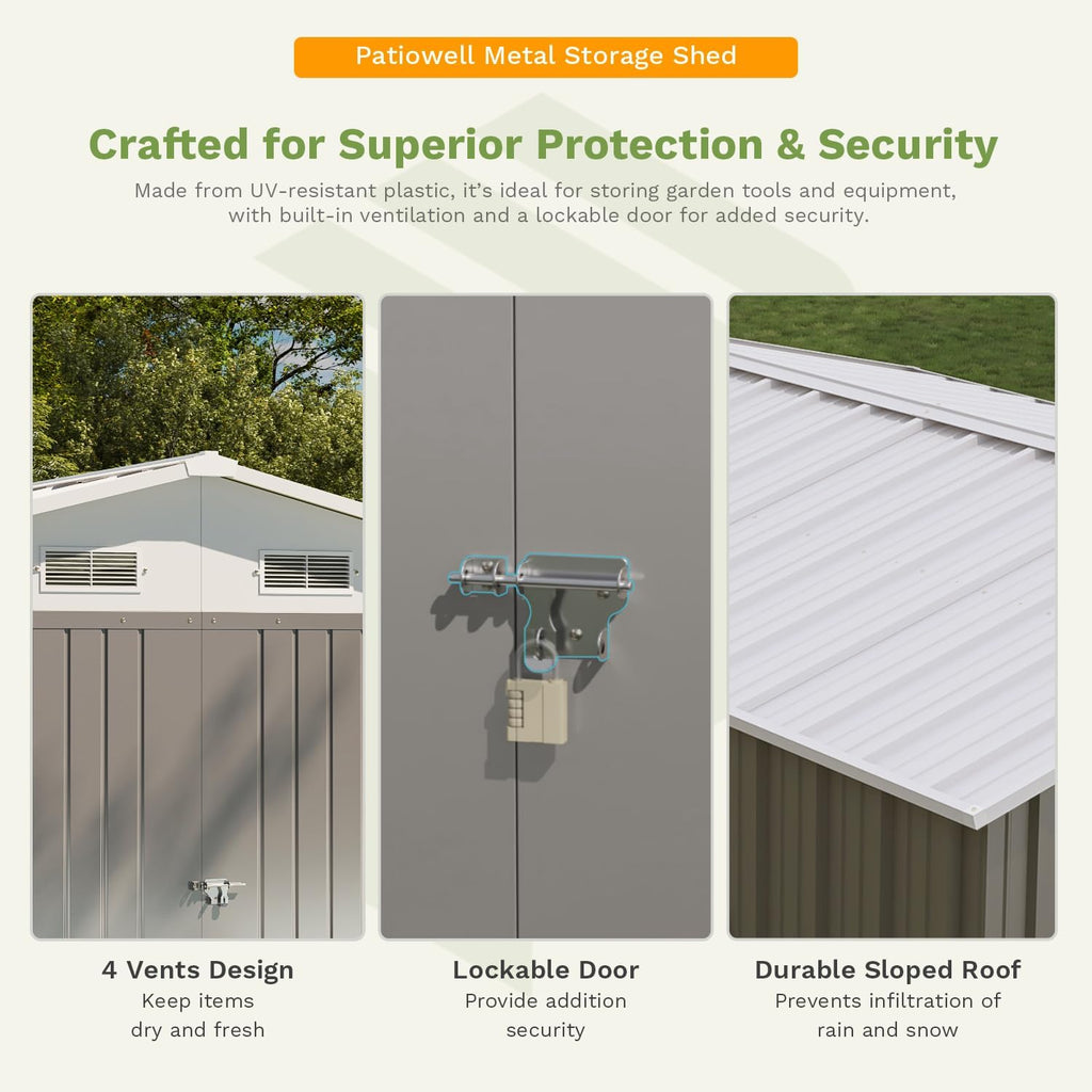 Patiowell 10 x 12 FT Metal Storage Shed for Outdoor, Steel Yard Shed with Design of Lockable Doors, Utility and Tool Storage for Garden, Backyard, Patio, Outside use, Gray