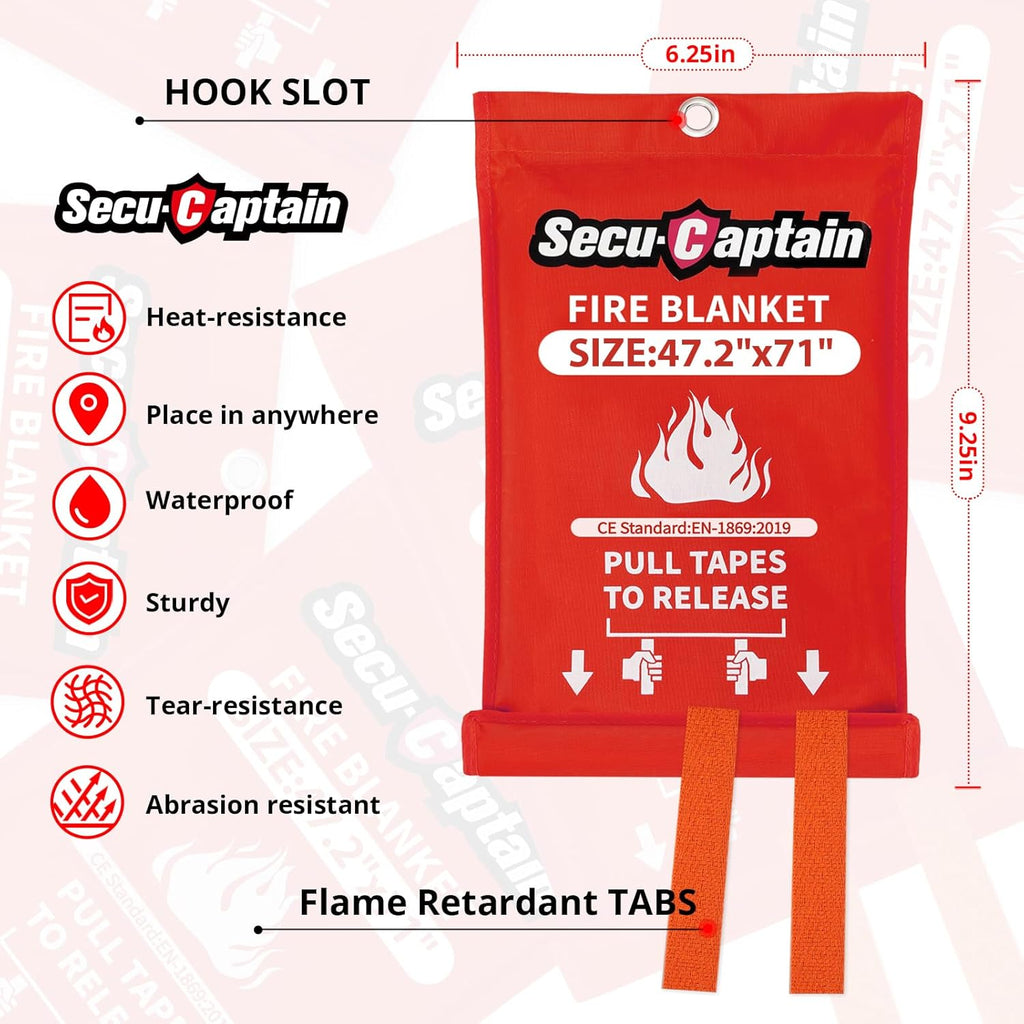 SecuCaptain Emergency Fire Blanket for Home - 2 Pack 47.2"x71" X-Large Flame Retardant Blankets with Fireproof Tabs for House Camping Kitchen Fire Protection Survival Safety
