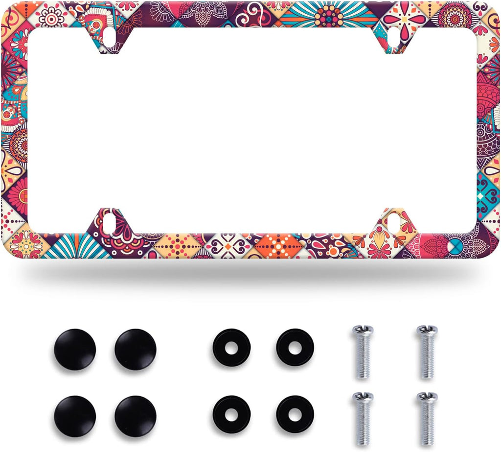 Stitching Tile Boho Pattern License Plate Frame Stainless Steel Parts Colorful License Plate Decorative with Screws Size 12.3" x 6.3" Women