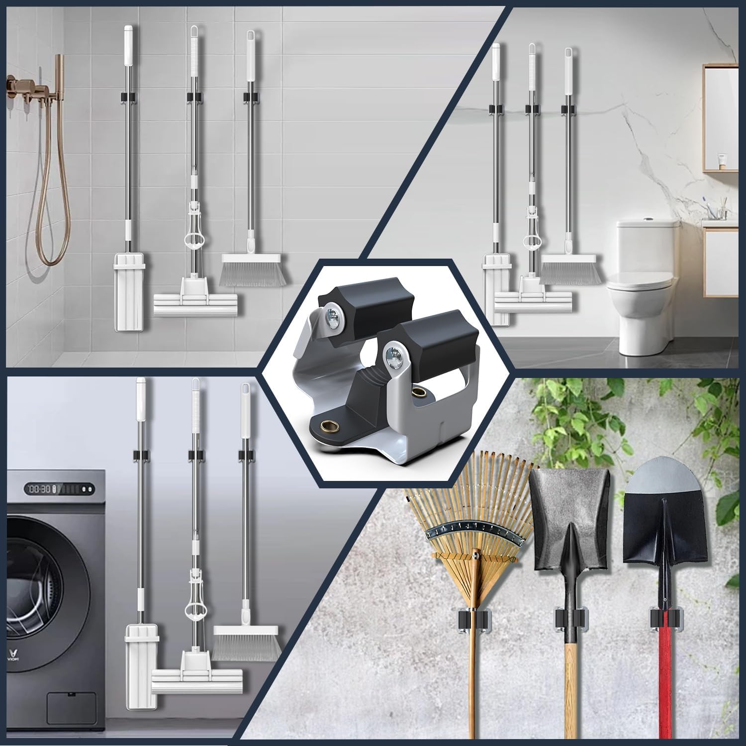 3-H Mop and Broom Holder Wall Mount 25 Pack, Broom Hanger Wall Mount for Garage Garden Shed Storage System Laundry Room Home Kitchen Organization up to 1.45 Inch(black)