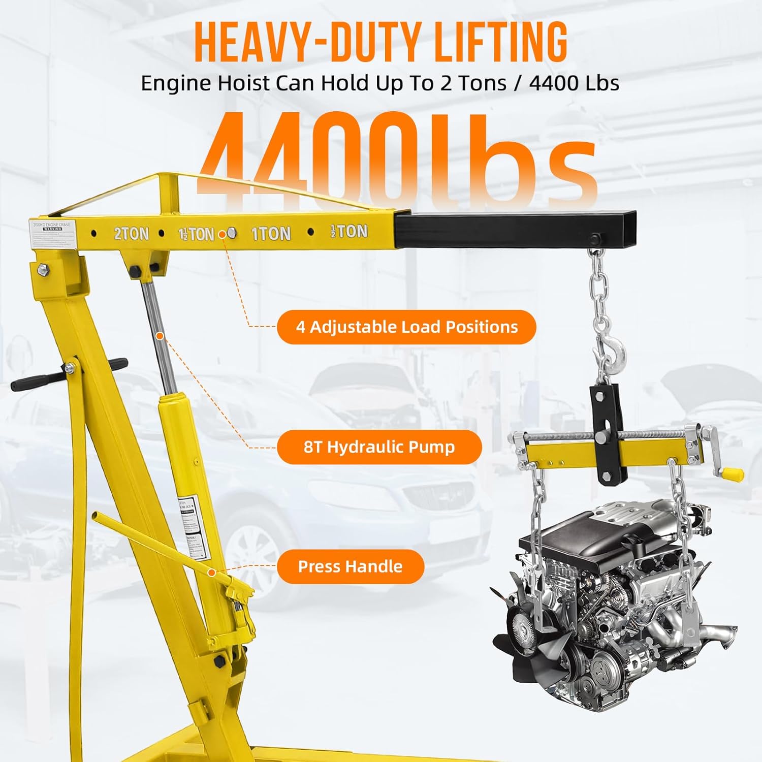 Engine Hoist with Lever, 2 Ton 4000 Lbs Heavy Duty Folding Cherry Picker Engine Lift Hydraulic Tilting Engine Shop Crane with 6 Iron Caster Wheels Telescopic Boom Hitch,Yellow