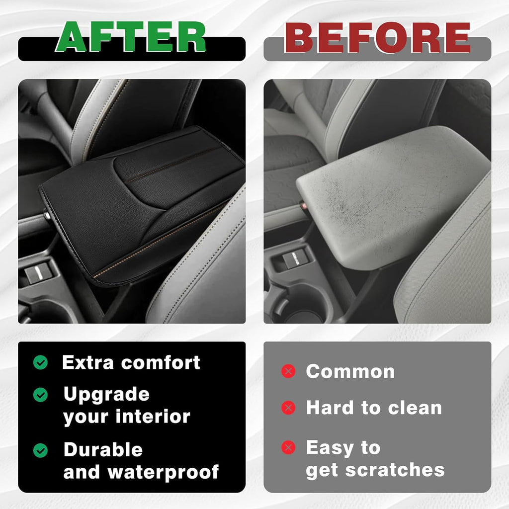 Muslogy Center Console Cover Compatible with Subaru Forester 2025 Accessories Armrest Cover Lid Cushion Protector Anti-Scratch Vegan Leather Extra Soft (Black/Brown Stitching)