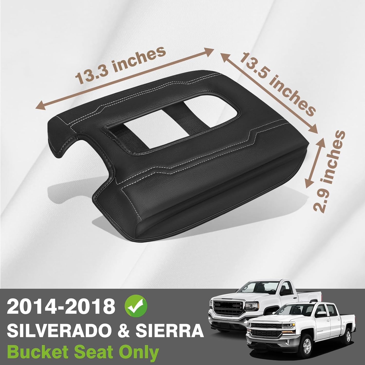 Muslogy Center Console Armrest Cover Compatible with Chevy Silverado & GMC Sierra 1500 2500 3500 2014-2018 Armrest Pad Arm Rest Cushion Vegan Leather Protector 1-Inch Extra Thick(Bucket Seat ONLY)