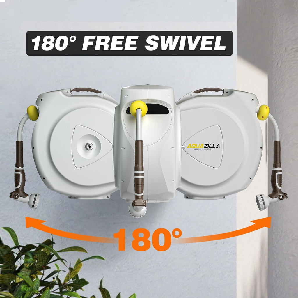 Retractable Garden Hose Reel, 5/8 in 100+6 ft, Heavy Duty Wall Mounted Water Hose Reel, Spring Power Automatic Rewind, Any Length Lock, 180° Swivel Bracket, 10 Pattern Spray Nozzle