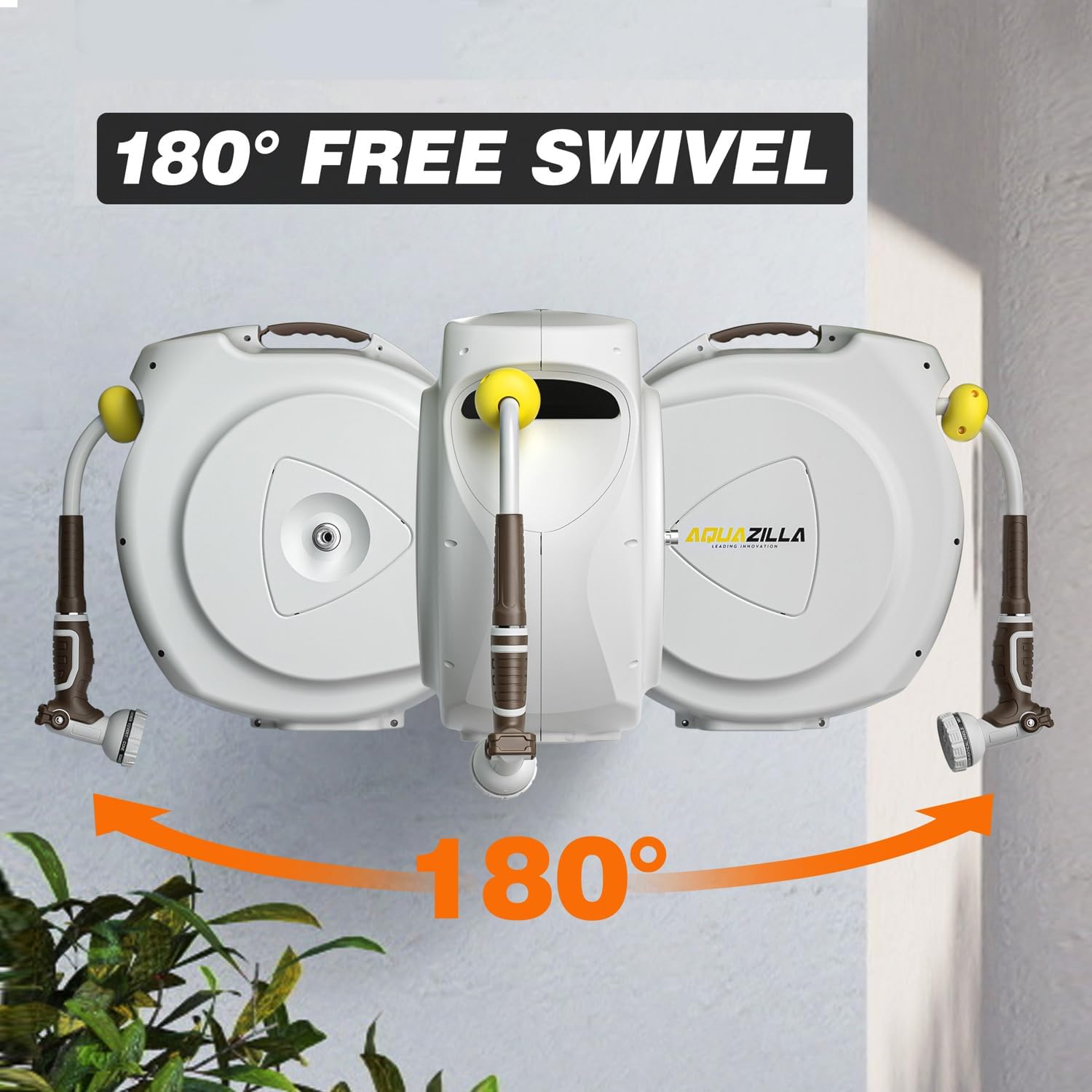 Retractable Garden Hose Reel, 1/2 in 120+6 ft, Heavy Duty Wall Mounted Water Hose Reel, Spring Power Automatic Rewind, Any Length Lock, 180° Swivel Bracket, 10 Pattern Spray Nozzle