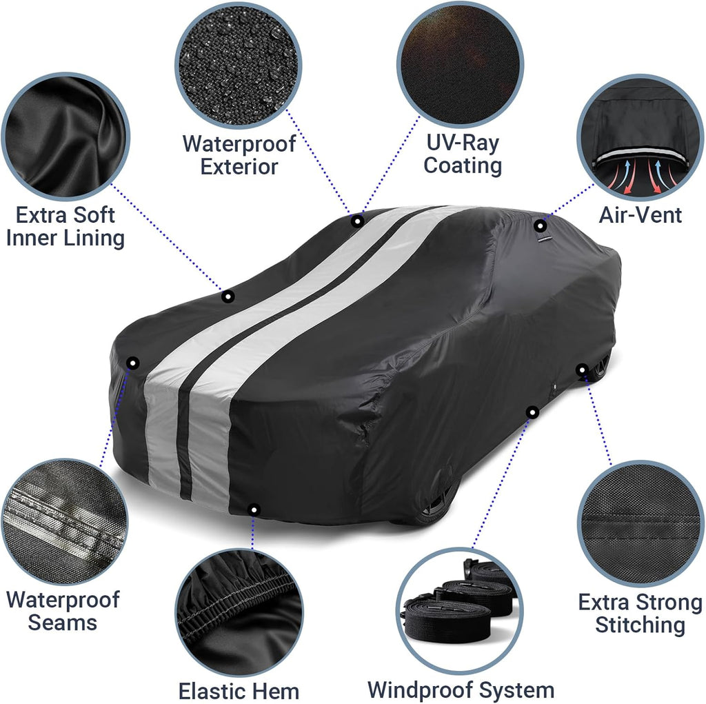 iCarCover Custom Car Cover for Pontiac Phoenix (1977-1979) Waterproof All-Weather Rain Snow UV Sun Protector Full Exterior Indoor Outdoor Car Cover (Stripe - Black/Gray)