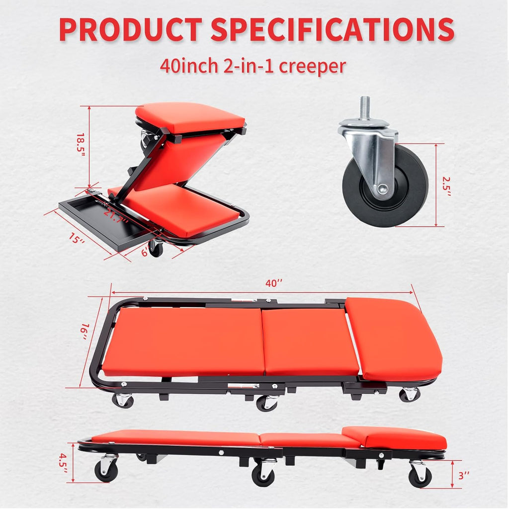 Mechanic Creeper 40 inches 2-in-1 Mode Z Seat with Tool Tray, 480lbs Capacity, Foldable Garage Adjustable Rolling with 6pcs Roller, Lay Down Sit Lean Back, Under Car Auto Repair Men Gift, Red