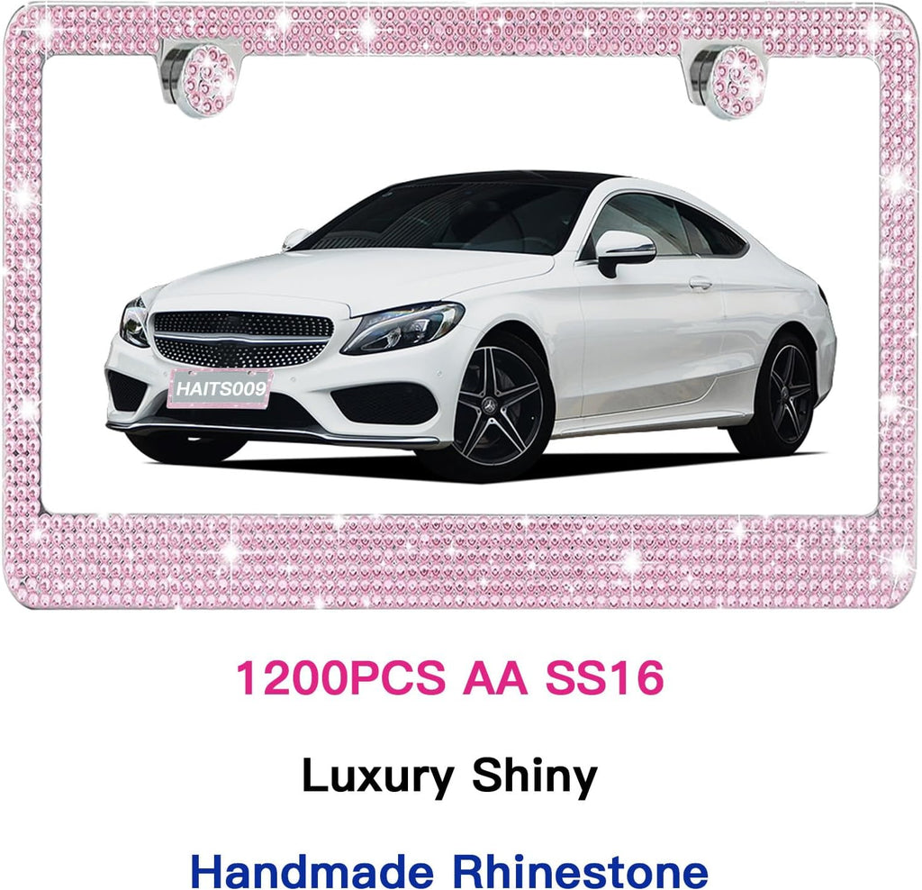 2 Pack License Plate Frames for Women, Sparkly Rhinestone Diamond Car Accessories with Glitter Crystal Caps (Pink (2PCS))