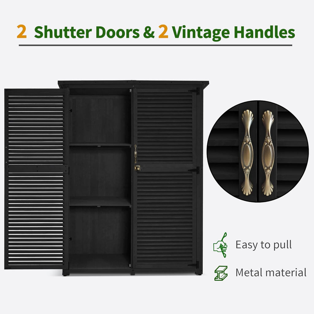 MCombo Outdoor Storage Cabinet, Wooden Storage Shed with Latch, Outside Garden Tool Shed with 2 Doors for Patio Yard Lawn, 1900 (Black, Large)