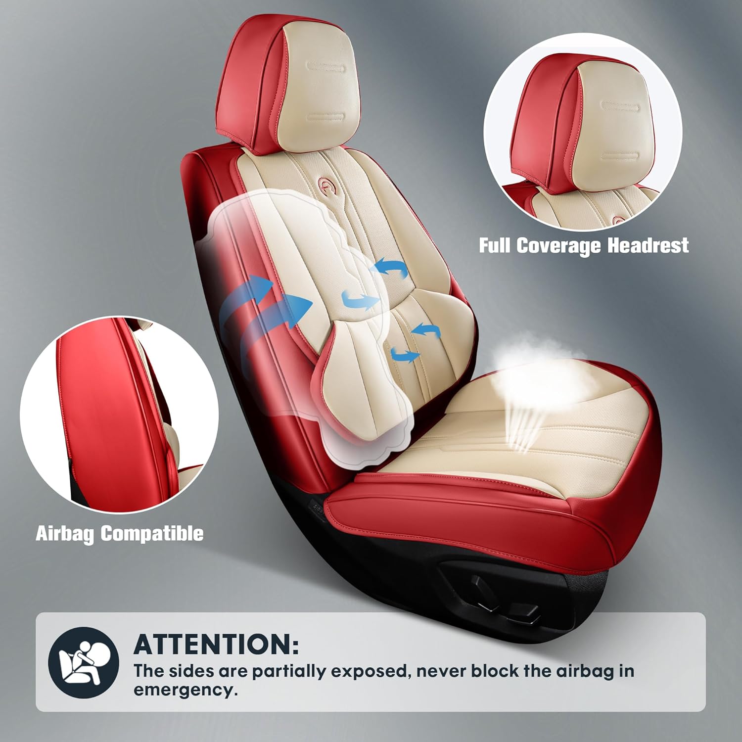 AOOG Front Seat Covers, Car Seat Covers Front Seats, Leather Seat Covers for Cars, Waterproof Seat Covers with Lumbar Support Universal Fit for Most Cars SUV Trucks(Front Pair, Red)