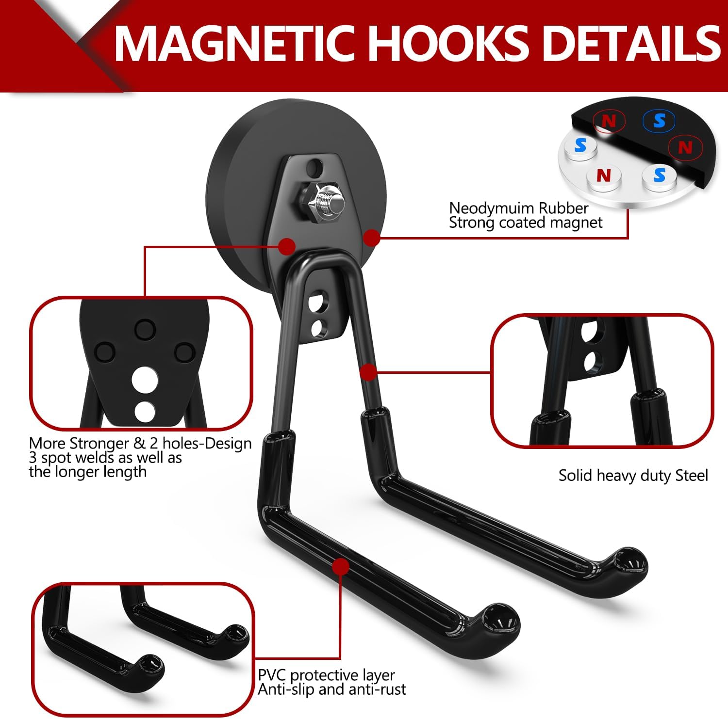 3-H Heavy Duty Magnet Garage Hooks 2 Pack, Extra Large Strong Magnetic Hooks for Hanging Cordless Power Drill, Utility Magnetic Tool Holder for Metal Cabinet, Steel Pegboard, Toolbox, Garage(Black)