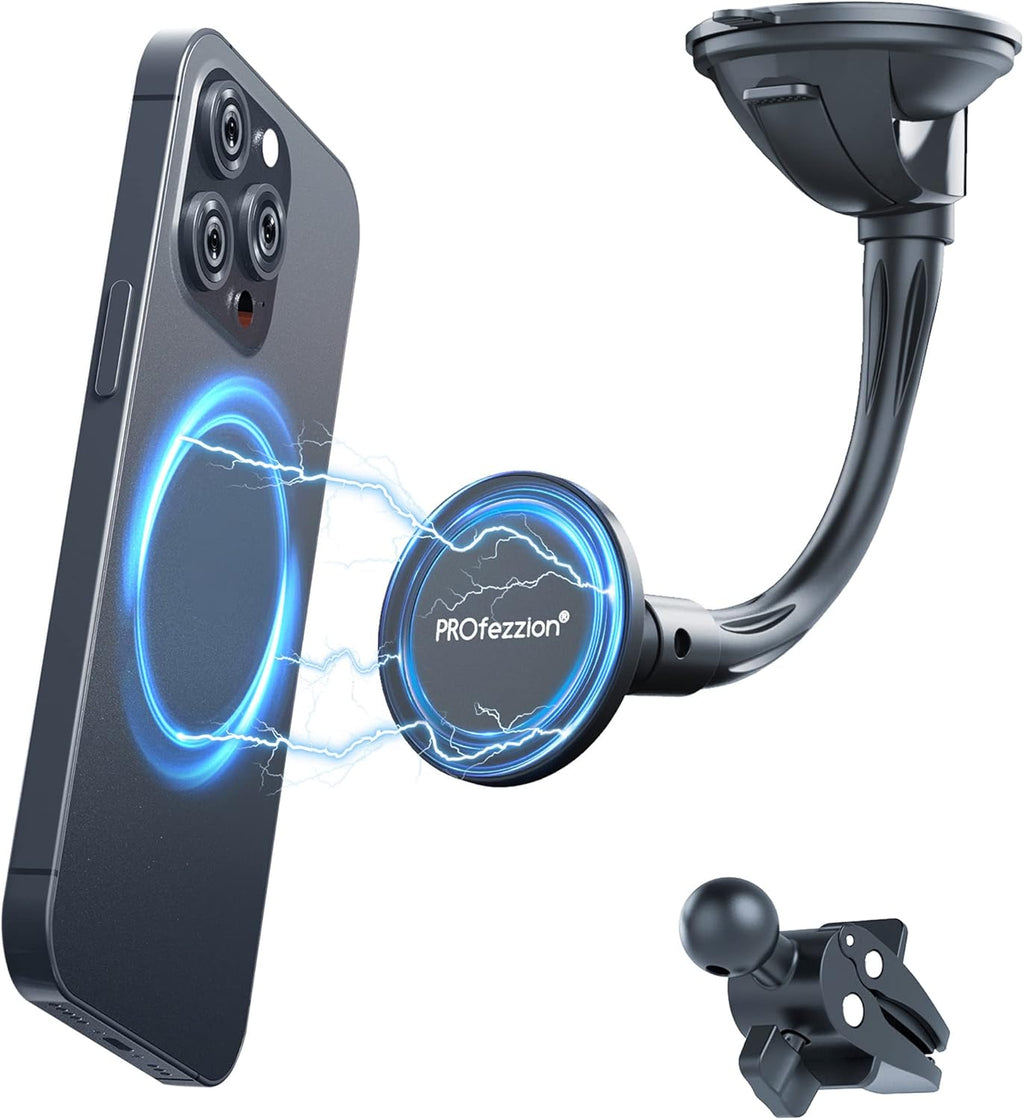 PROfezzion Suction Cup & Vent Clip Combo Magnetic Phone Holder Compatible with MagSafe on Car Truck Windshield, Dash or Vent for iPhone 16 15 14 13 Pro Max, Mag-Safe Case & All Phones [Aluminum Rod]