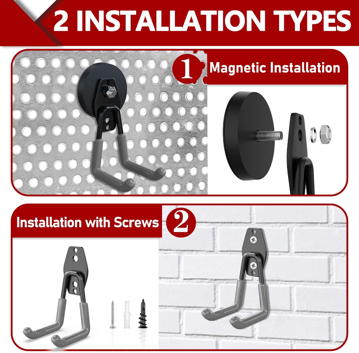 3-H Heavy Duty Magnet Garage Hooks 2 Pack, Large Strong Magnetic Hooks for Hanging Cordless Power Drill, Utility Magnetic Tool Holder for Metal Cabinet, Steel Pegboard, Toolbox, Garage(Grey)