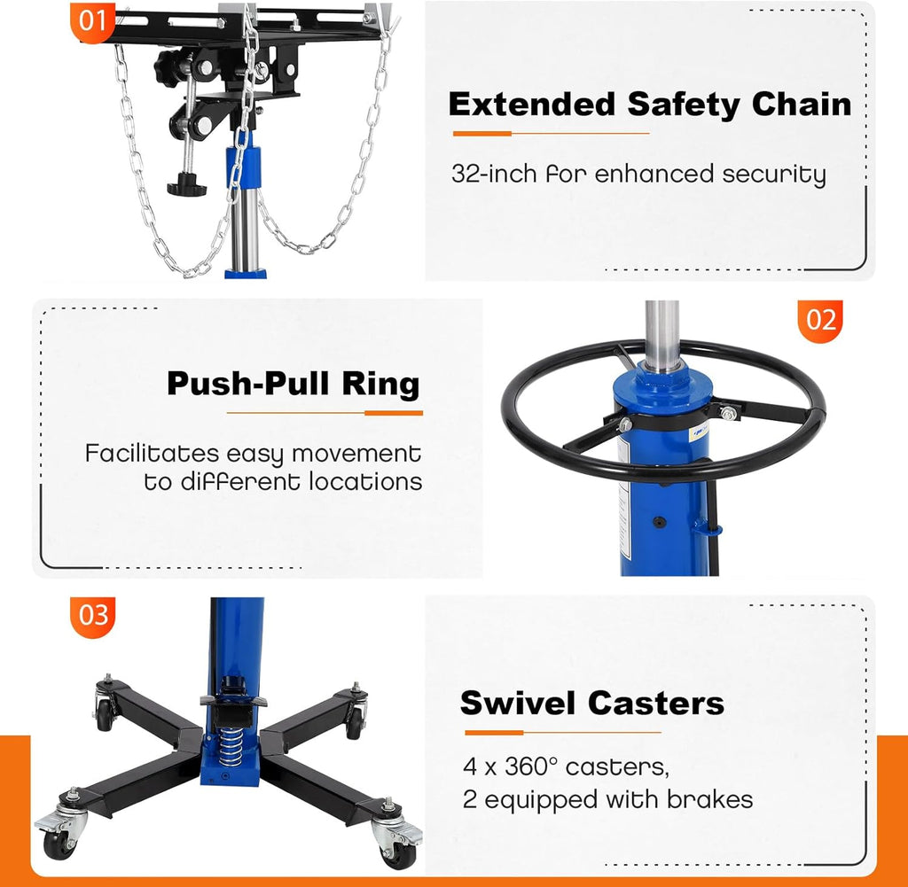 Transmission Jack, 1322lbs (3/5 Ton), 2-Stage Hydraulic Telescopic Jacks, Lifts 34"-68", with Foot Pedal & 360° Swivel Wheels, Ideal for Garage and Car Lifting, Heavy-Duty, Blue