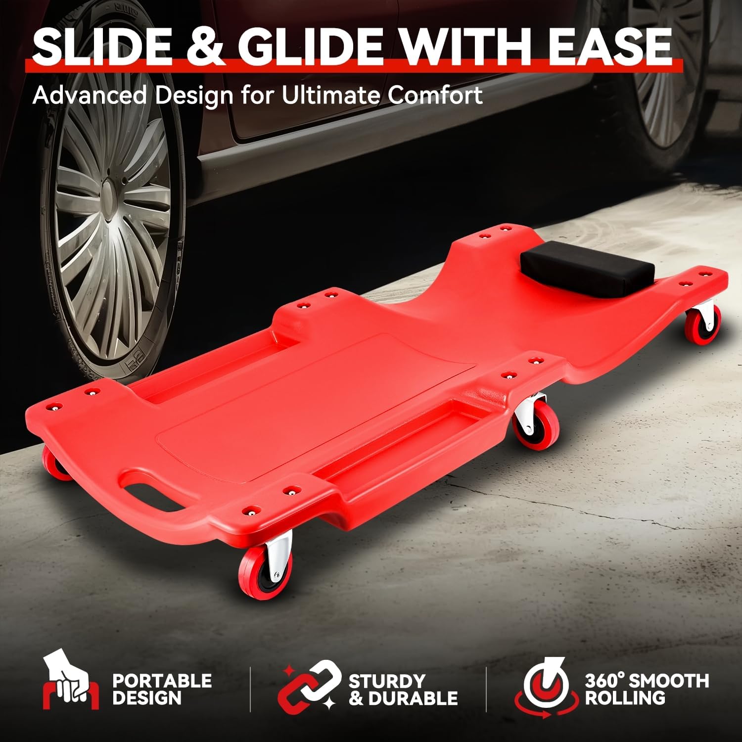 Auto Dynasty 36 Inches Mechanic Creeper, Automotive Garage Repair Low Profile Under Car Rolling Creeper with Padded Headrest, Plastic, Red