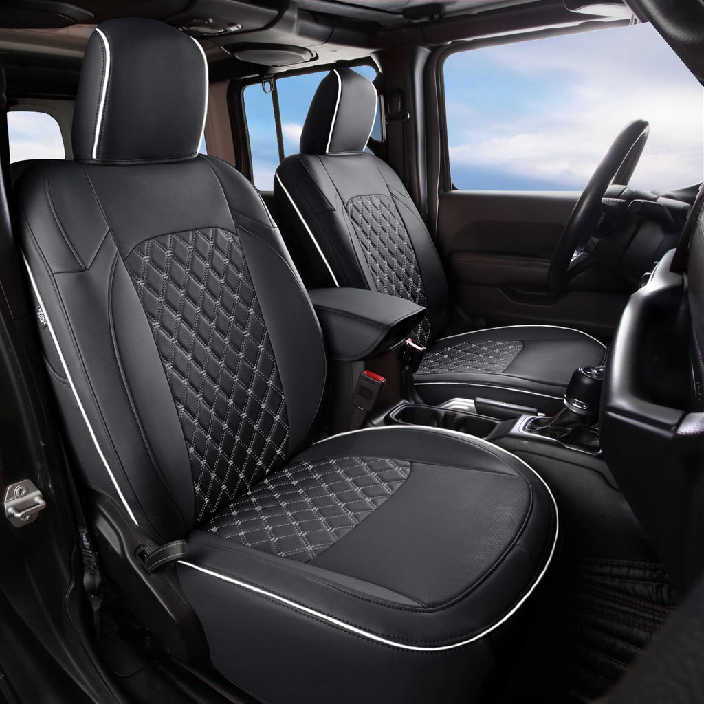 GIANT PANDA Customized Full Set Car Seat Covers for Jeep Wrangler 4 Door JL Sahara Sport Rubicon Willys 2018 2019 2020 2021 2022 2023 2024 2025 Without Rear Cup Holder,Faux Leather - (Black+Gray)