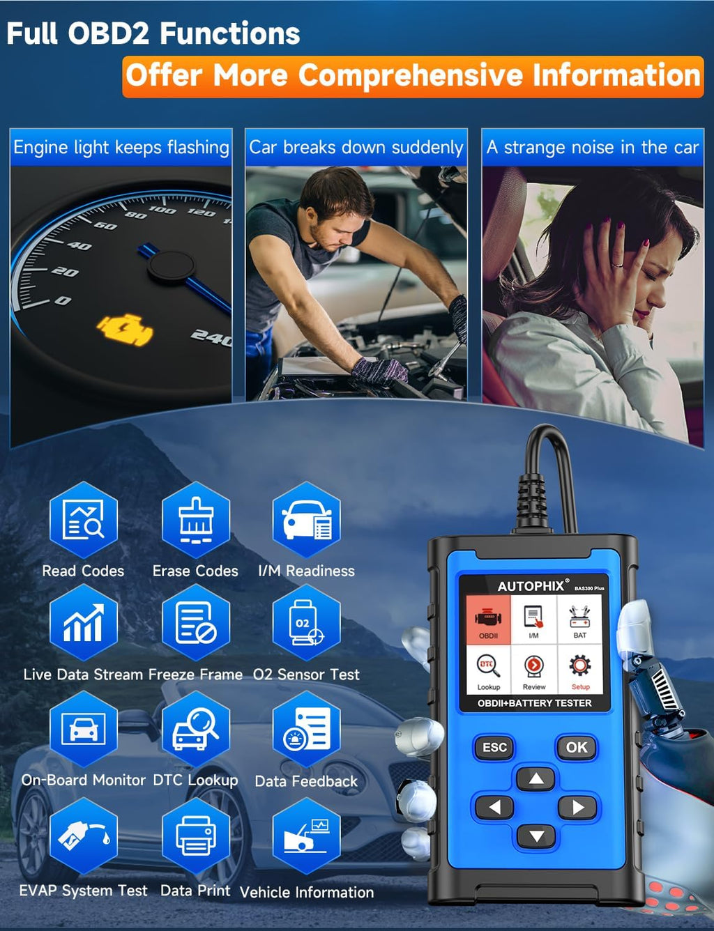 AUTOPHIX BAS300 Plus OBD2 Scanner & Battery Tester(Upgrade of BAS100), 2-in-1 Car Diagnostic Tool, 12V 100-2000 CCA Battery Charging Cranking Test, Check Engine Light Car Code Reader for All US Cars