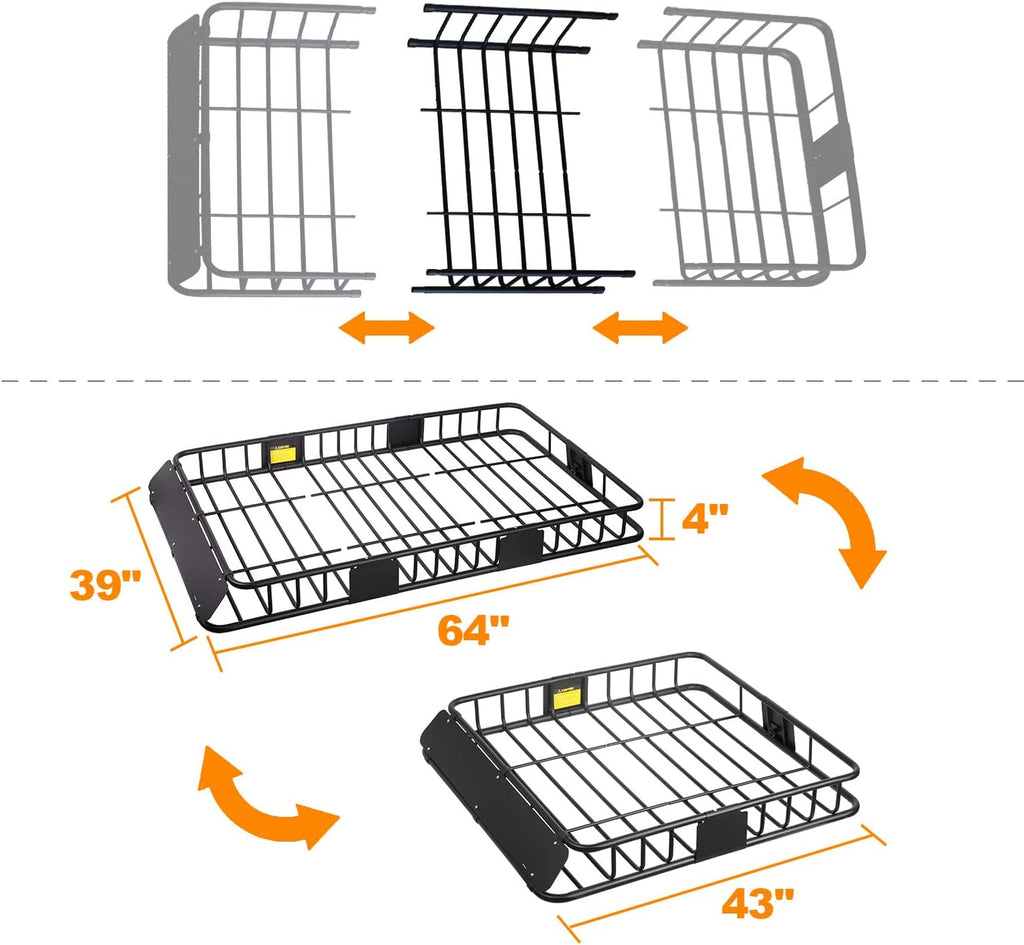 XCAR 64"x 39"x 4" Universal Roof Rack Basket Black with 3' x 4' Cargo Net and Rooftop Cargo Carrier Bag 15 Cubic ft - Car Top Luggage Storage Holder Baskets for SUV Truck Vehicle