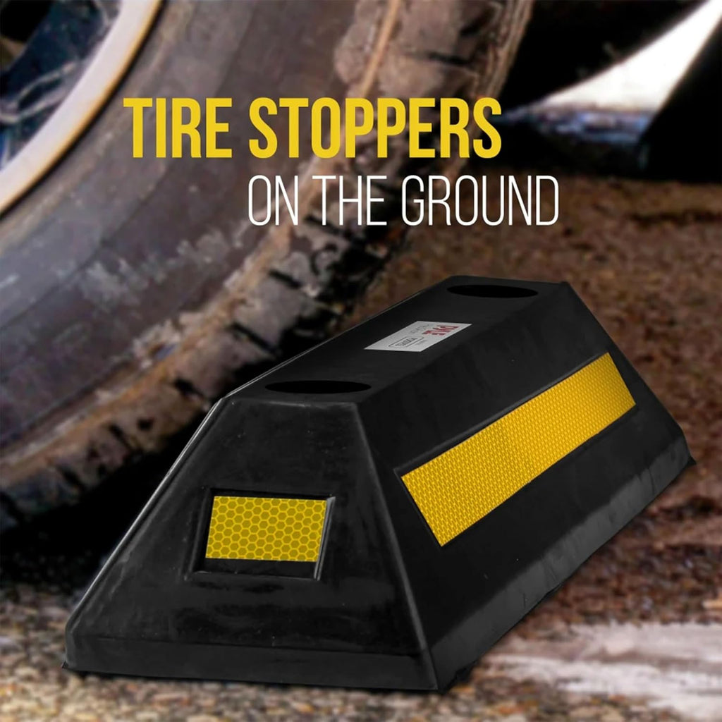 Pyle 2-Pack Heavy Duty Rubber Wheel Stops for Garage Parking – Durable, High-Visibility Tire Blocks for Cars, Trucks, Vans, RVs, Trailers, Forklifts – Reflective Safety Strip Included