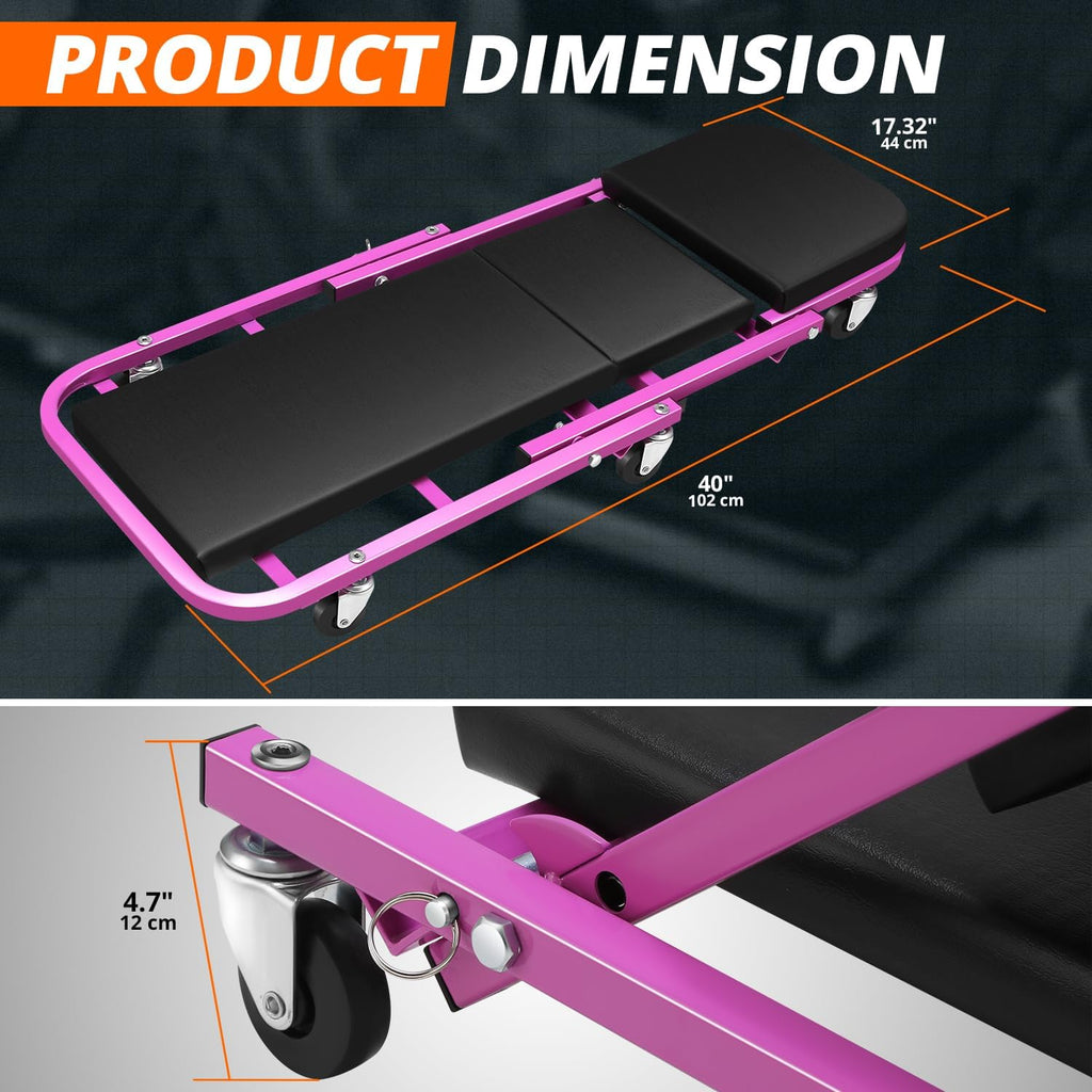 DNA MOTORING 40 Inches Folding 2 in 1 Rolling Z Creeper, Adjustable Roller Garage Chair Lay Down or Sit, 6 Pcs 2" Casters, 150kg Weight Capacity, Purple, TOOLS-00187-PR