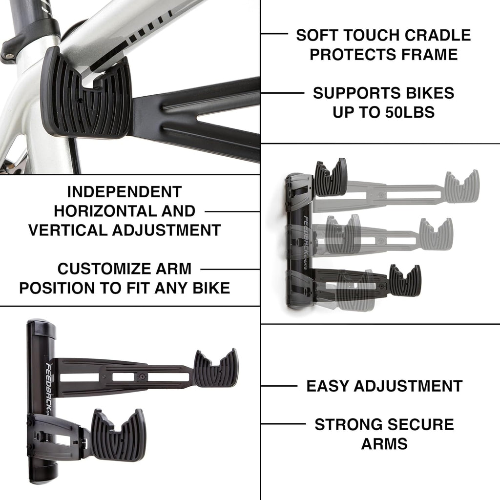 FEEDBACK SPORTS | Velo Wall Rack 2D Bike Storage | Bicycle Hangar Mount W/Adjustable Arms | Road, Gravel, Mountain Bike Compatible | For Garage, Apartment, Shed | Black