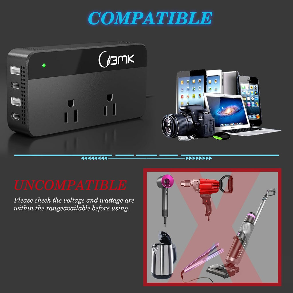 BMK 200W Car Power Inverter DC 12V to 110V AC Car Inverter 4 USB Ports Charger Adapter Car Plug Converter with 2 QC3.0 USB and 2 Type C Ports (Black)